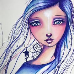 a drawing of a girl with blue hair and butterfly tattoos on her shoulder, looking at the camera