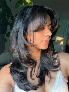 #hairstyles #layers #midlength #hairstyles #blowout #indianhair #bangs #hairgoals 90s Side Bangs Hairstyles, Layered Haircut On Straight Hair, 90s Layered Hair Mid Length, Mid Length Layers With Curtain Bangs, Wispy Layers Medium, 80s Curtain Bangs, Should Length Layered Hair Haircuts, Bangs With Medium Hair Layers, 2000s Blowout