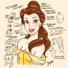 a drawing of snow white from disney's beauty and the beast, with various facial expressions