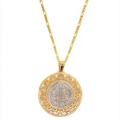 18 Karat Gold Filled Saint Benedict CZ Charm Necklace Charm Measures: Approx: 35mm Material: 18 Karat Gold Filled, Hypoallergenic. Tarnish Resistant. Gold-filled does not de-laminate or peel like Gold plated Jewelry nor does it tarnish as readily as silver. Generally speaking, gold filled is better quality and will have a much longer lasting color than plated jewelry. We recommend keeping abrasive chemicals away from the jewelry for the items to last. Thank you for visiting and supporting our sm 14k Gold Figaro Chain Medallion Necklace, 14k Gold Medallion Necklace With Figaro Chain, Gold Plated Medallion With Figaro Chain, Gold Plated Figaro Chain Medallion Jewelry, Gold Plated Medallion Jewelry With Figaro Chain, Gold Medallion Coin Necklace With Figaro Chain, Gold Medallion Necklace With Figaro Chain, Spiritual Medallion Necklace With Filigree Details, Spiritual Medallion Necklace With Filigree