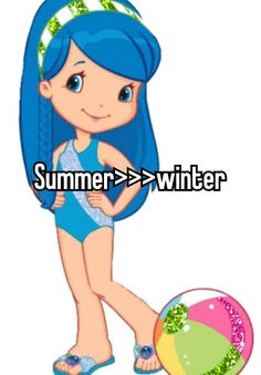 a cartoon girl with blue hair standing next to a beach ball