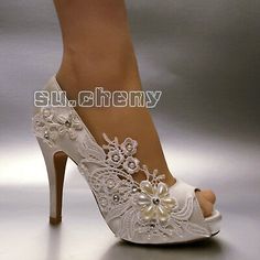 Find many great new & used options and get the best deals for su.cheny 3" 4" heel satin white ivory lace pearls peep toe Wedding Bridal shoes at the best online prices at eBay! Free shipping for many products! Sparkly Wedding Shoes, Designer Wedding Shoes, Bridal Flats, Wedding Shoes Lace, Wedding Shoes Bride, Bridal Dresses Lace, Bridal Heels, Crystal Shoes, Light Ivory