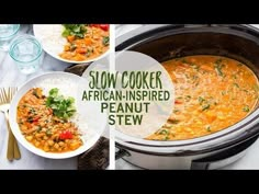 the slow cooker african - inspired peanut stew is ready to be eaten and served