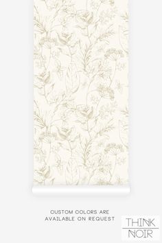 the back side of a wallpaper with flowers and leaves in beige on white background