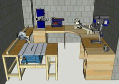 a drawing of a workbench with tools on the table and other items around it