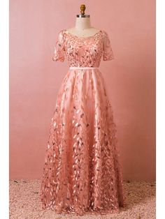 Custom Pink Leaf Embroidery Modest Long Prom Dress with Sleeves High Quality Pink Tulle Prom Dress, Plus Size Gowns Formal, Backless Prom Dress, Sweet Dresses, Plus Size Pink, Evening Dresses Online, Plus Size Prom, Vestido Plus Size, Evening Dresses Plus Size