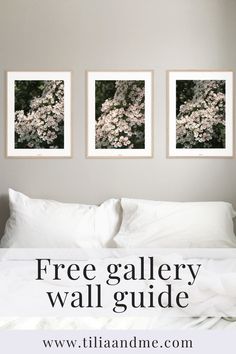 three framed pictures hang on the wall above a bed with white linens and pillows