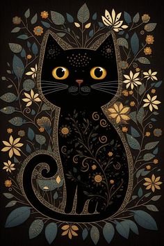 a black cat with yellow eyes sitting on top of flowers and leaves in front of a dark background