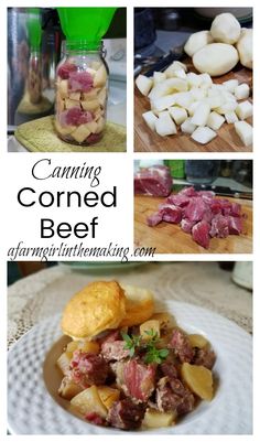 four pictures with different types of food and words that say, canning corned beef