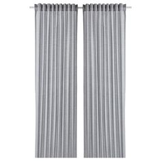 two gray curtains with white stripes on them