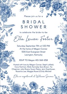 a blue and white floral bridal shower is featured on the front of this card