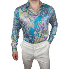 Mens Silk Shirts, Blue Silk Shirt, Vegas Outfit, Club Outfit Ideas, Satin Shirt