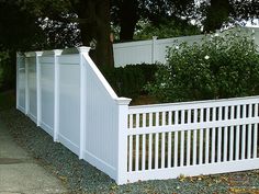 a white picket fence next to a tree