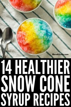 four small bowls filled with rainbow colored snow cone syrup and spoons next to each other