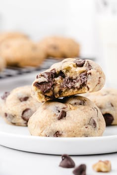 chocolate chip cookies stacked on top of each other