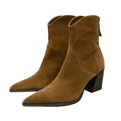 Split Leather Ankle Boots. Geometric Wide Heel. Tailored Upper. Pointed Nose. Side Zip Fastening. Zara Brown Pointed Toe Heeled Boots, Chic Brown Snip Toe Boots, Brown Pointed Toe Boots With Suede Lining, Brown Suede Boots With Pointed Toe, Zara Brown Heeled Boots For Work, Brown Zara Heeled Boots For Work, Chic Brown Zara Heeled Boots, Elegant Brown Heeled Boots By Zara, Brown Suede Heeled Boots With Snip Toe