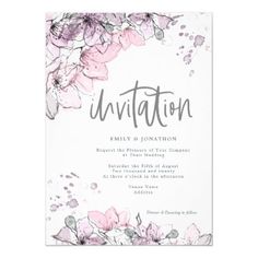 an elegant floral wedding card with the word's name in grey and pink ink