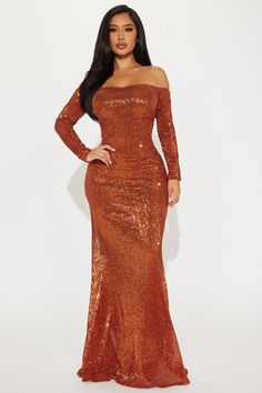 Available In Copper. Sequin Gown Off Shoulder Long Sleeves Padded Bra Mermaid Silhouette Invisible Zipper Closure Stretch Uppershell/Lining: 100% Polyester Imported | Got Class Sequin Gown Dress in Copper size Medium by Fashion Nova Rust Color Wedding Dress, Gown Off Shoulder, Sneaker Ball, Birthday Inspo, Burnt Orange Dress, Sequin Gown, Mermaid Silhouette, Gowns With Sleeves, Colored Wedding Dresses