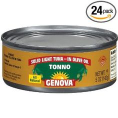 an open can of tomato soup with sunflower seeds in it and the label says, sold light tuna - in olive oil genova