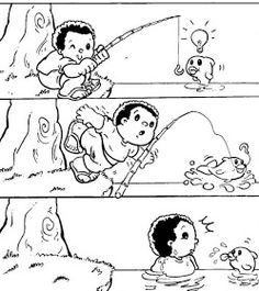 the storyboard shows two children playing in water, one is fishing and the other is swimming