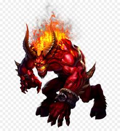 an evil demon with red and yellow flames on it's face, transparent background