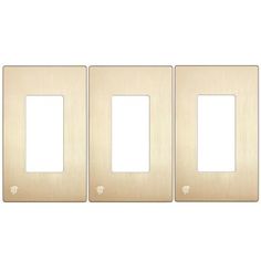 three light switch plates are shown on a white background, one is gold and the other is