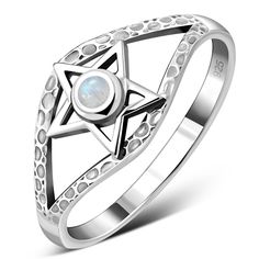 "Pentagram-Rainbow Moonstone-Ring Sterling Silver 925 -  New \"Goddess Collection\"- Multiple Sizes Available- Gift Box Part of the \" Goddess Collection\"- made for us from our friendly Wholesalers based on our designs The Ring comes in a nice Gift box The Size of the Pentagram is approx 10 mm Weight 1.4 g approx The size of the Gemstone is approx 3- 4 mm Changed your mind- No Problem-Just contact us- and we will be happy to help- please see our policies for the time scale to contact us and arrange for the return-we only want you to be happy with our products! All of our lovely Sterling Silver 925 Jewellery has gone through a Quality Control procedure both when we receive the item and when we dispatch to you, we always 100% check our products and the item is packed safely in a clear seale Mystical Silver Star-shaped Jewelry, Mystical Silver Star Jewelry, Silver Symbolic Moonstone Jewelry, Silver Moonstone Symbolic Jewelry, Silver Spiritual Moonstone Ring, Black Obsidian Ring, The Pentagram, Obsidian Ring, Sterling Silver Garnet Ring