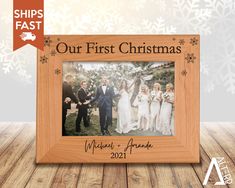 "Engraved with the sentiment of your choice and personalized with your names and wedding date. These beautiful genuine red alder picture frames as sure to put a smile on the faces of your loved ones. Just add your favorite photo. FRAME DETAILS * Genuine red alder wood photo frame * Overall frame measures 6 1/2\" x 8 1/2\" * Holds a 4\"x6\" Photo * Choose Landscape (horizontal) or Portrait (vertical) orientation. * Glass insert to protect photo included * Easel and wall mount hooks attached to ba Personalized Wedding Frames, Groom Wedding Pictures, Wedding Picture Frame, Engraved Picture Frames, Father Of The Bride Gift, Wedding Gifts For Parents, Personalized Picture Frames, Picture Engraving, First Christmas Married