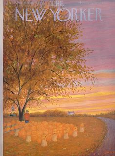 a painting of a tree with pumpkins in the foreground and an orange sky behind it