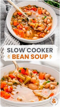 two pictures showing different types of bean soup in white bowls, with the title below