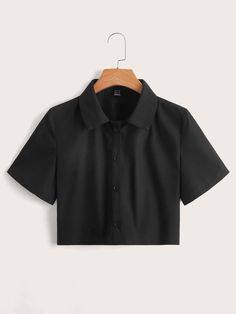 Cute Cropped Shirts, Black Collared Shirt, Cute Black Shirts, Cropped Button Up Shirt, Collard Shirt, Black Button Up Shirt, Black Short Sleeve Shirt, Plain Shirt, Women Blouses