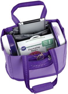 a purple tote bag filled with personal care items