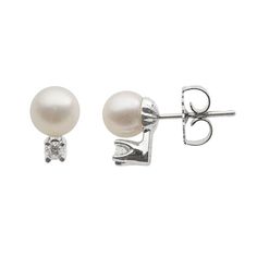 Add timeless beauty to any ensemble with these AA Akoya cultured pearl and diamond stud earrings.Earring Details: Length: 9.4 mm Backings: post Metal: rhodium-plated 18k white goldCultured Pearl Details: Type: Akoya Shape: round Size: 6-6.5 mm Color: whiteDiamond Details: Total weight: 1/10 ct. Cut: round Color: G-H Clarity: SI2 Setting: prongImage(s) may be enlarged to show detail.Diamond weights are approximate. Diamond total weights may vary between .01 and .08 ct. Some diamonds have fewer th Elegant Diamond Earrings With Tension Setting, Classic Formal Earrings With Tension Setting, Pearl Earrings With Diamond Accents, Fine Jewelry Pearl Earrings With Prong Setting For Anniversary, Timeless White Gold Pearl Earrings With Brilliant Cut, Timeless Brilliant Cut White Gold Pearl Earrings, Elegant White Gold Earrings With Tension Setting, White Single Diamond Earrings For Formal Occasions, Elegant Round Cut Diamond Earrings With Tension Setting