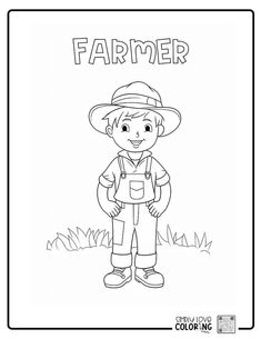 a coloring page with the words farmer and a boy in overalls standing on grass