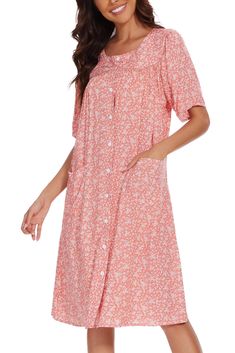 PRICES MAY VARY. Designed for comfort - This housecoats for women used a breathable mix of 65% Polyester, 35% Cotton to design . The house dresses for women with pockets design features button down night gowns，patch pockets and exquisite floral print. This cotton house dress will give you an experience in pure comfy. This nightshirts for women can be worn as gowns for women sleepwear,moo moos for women, house dresses for elderly, house coat, women dusters, summer robes for women cotton, It's als Moo Moos Dresses, Housecoats For Women, Post Surgery Clothing, Robes For Women, Cotton House, Muumuu Dress, House Coat, House Dresses, Night Gowns