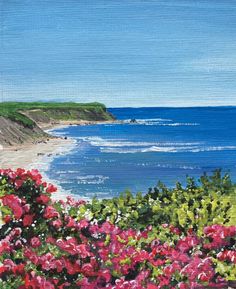 an oil painting of flowers by the ocean