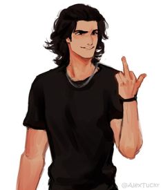 a drawing of a man with long hair making the vulcan sign while wearing a black t - shirt