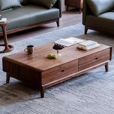 a living room with two couches, a coffee table and a book on it