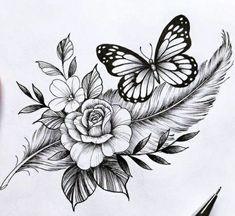 a pencil drawing of a flower and butterfly