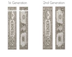 two hundred dollar bills with the words 1st generation and 2nd generation written on them