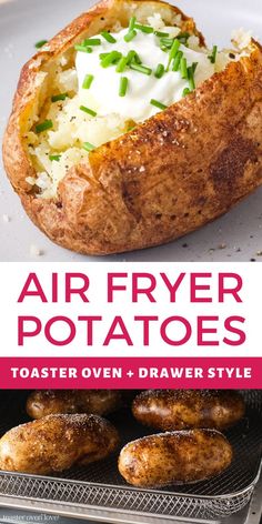 Baked potato topped with Greek yogurt and chopped chives and oiled potatoes baking in an air fryer toaster oven basket. Homemade Sweet Potato Fries, Air Fry Potatoes, Air Fryer Baked Potato, Homemade French Fries, Air Fryer Oven Recipes, Air Fryer Oven, Air Fry Recipes, Fast Recipes