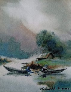 watercolor painting of two boats on the river