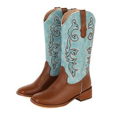 These unique boots are made from environmentally-friendly PU leather and feature a beautiful light blue pattern. They're perfect for any western-style outfit and are sure to add a touch of boho chic to your look. Specs: Material: PU Leather Fits true to size Western Turquoise Boots For Fall, Western Turquoise Boots For Spring, Turquoise Western Boots For Spring, Turquoise Western Boots For Ranch, Bohemian Snip Toe Boots For Rodeo, Western Turquoise Boots For Rodeo, Bohemian Boots With Snip Toe For Ranch, Bohemian Snip Toe Boots For Ranch, Blue Bohemian Festival Boots