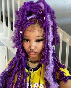 Different Colored Braids For Black Women, Colorful Soft Locs, Cool Hairstyles Black Women, Jade Braids Locs, Bugged Out 111, Purple Soft Locs, Hairstyles For Dreads Black Women, Jade Locs, Cute Black Hairstyles