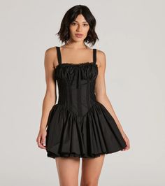 Create a sweet summer look that is oh-so-darling with this drop-waist skater dress. Designed with a lightweight woven fabric, the bodice is accented with a dainty lace trim for a pretty vibe. The short dress features a sleeveless sweetheart neckline, a ruched bust with a small tie-front adjustable detail, and thin tank straps leading to an alluring lace-up back for a customized fit. The asymmetric drop-waist is detailed with pleated side panels, flowing down to a tiered A-line silhouette for a f Backless Dress Short, Duster Earrings, Straight Across Neckline, Green Homecoming Dresses, Black Tie Wedding Guests, Lace Dress Styles, Homecoming Outfits, Bachelorette Outfits, Red Bridesmaid Dresses