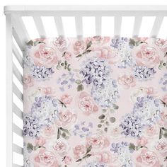 hydrangea crib sheet Purple Floral Nursery, Lilac Nursery, Lavender Nursery, Blush Nursery, Girl Nursery Pink, Floral Crib Sheet, Purple Nursery, Rose Nursery, Girl Nursery Themes