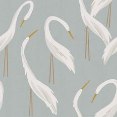 several white birds standing next to each other on a gray background with gold trimmings