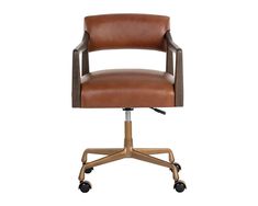 a brown leather office chair with wheels