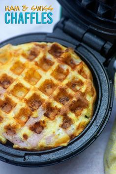 ham and cheese waffles in a black pan