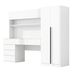 an image of a white desk with drawers and cupboards on the top shelf, isolated against a white background